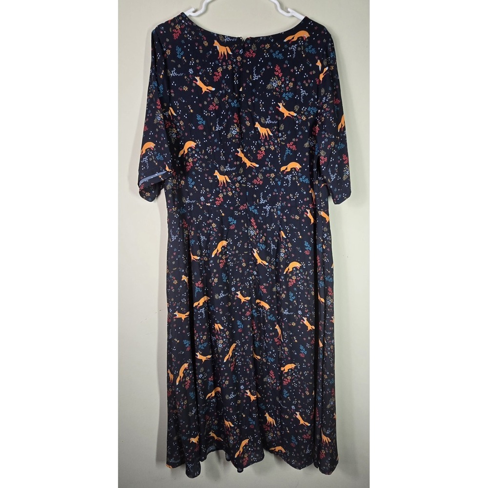 eShakti Wayward Fancies Fox Floral Print Crepe Midi Dress Novelty Whimsy 1X
